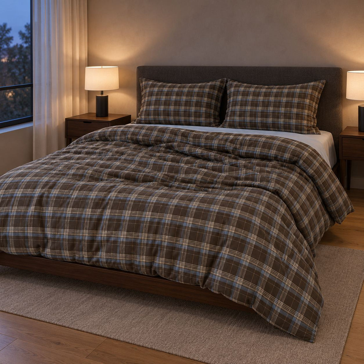 Bedding Set 100% Cotton Brown Plaid Breathable Washable