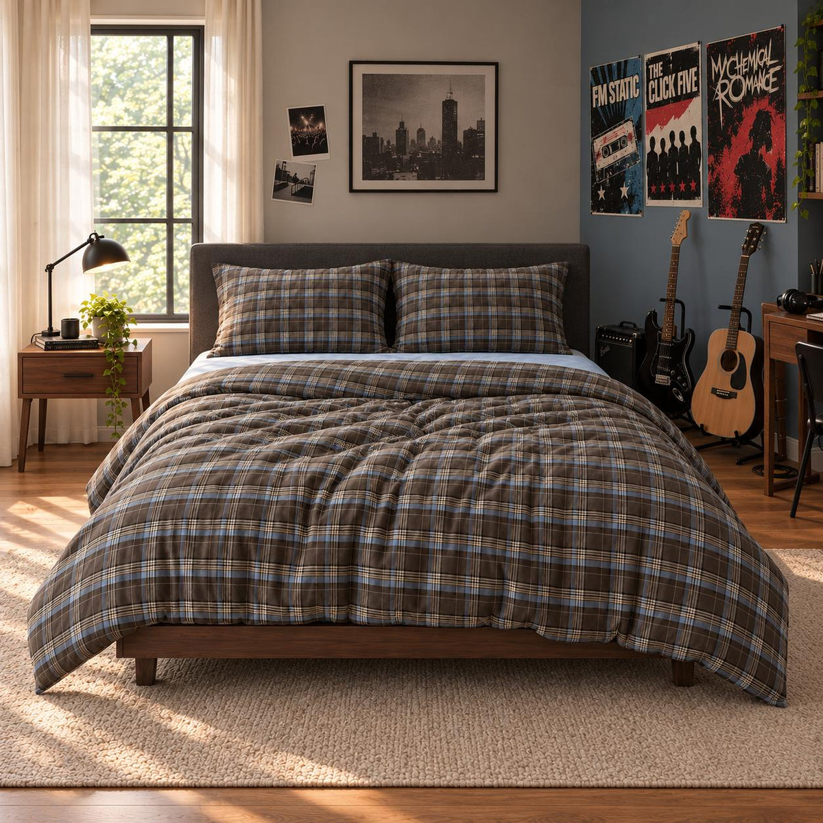 Bedding Set 100% Cotton Brown Plaid Breathable Washable