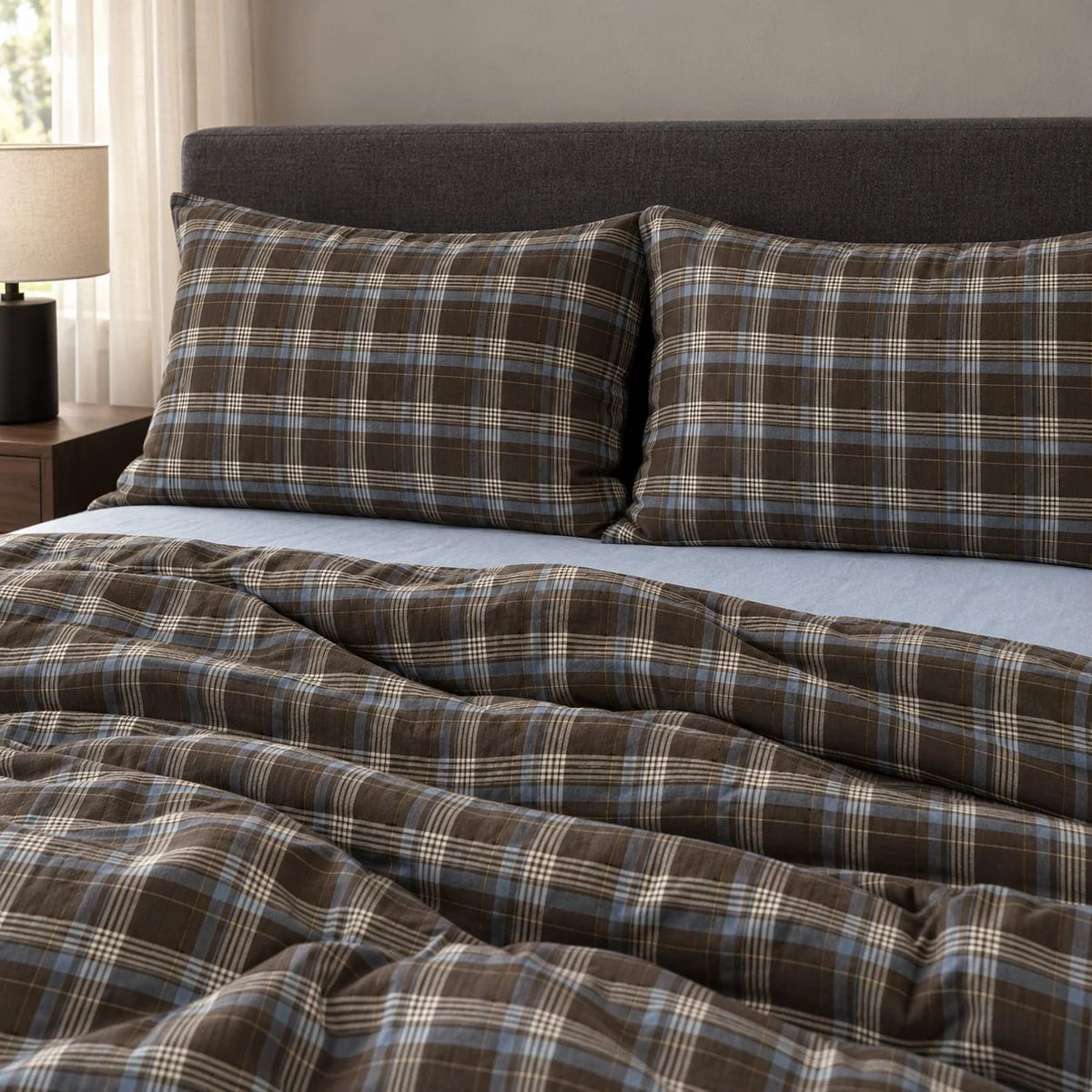 Bedding Set 100% Cotton Brown Plaid Breathable Washable