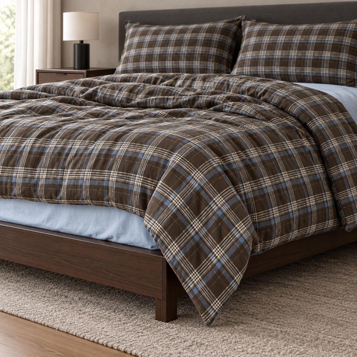 Bedding Set 100% Cotton Brown Plaid Breathable Washable