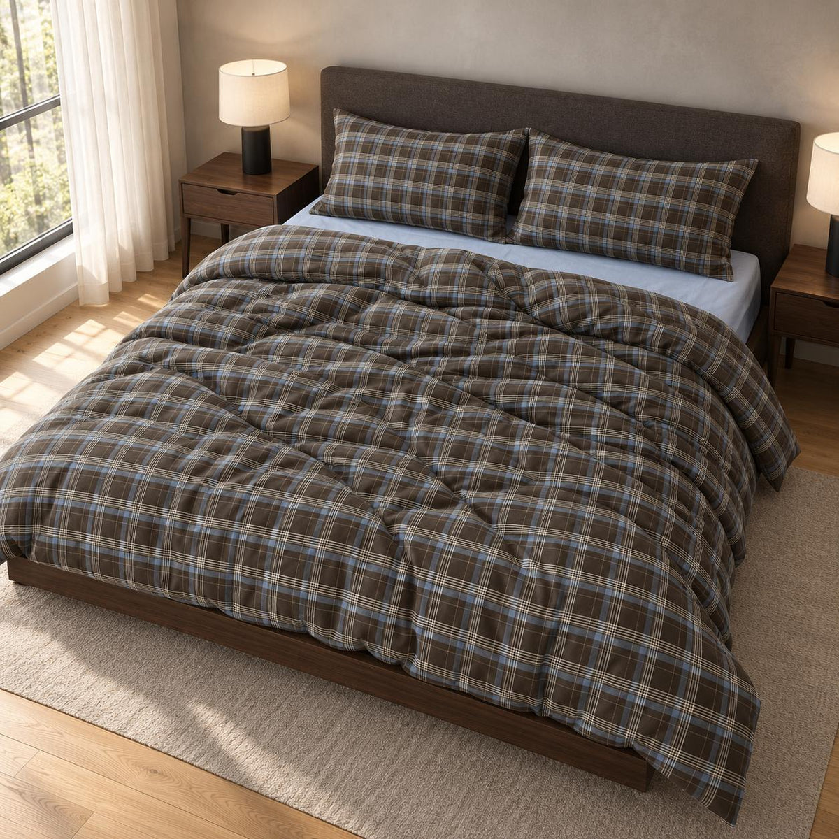 Bedding Set 100% Cotton Brown Plaid Breathable Washable