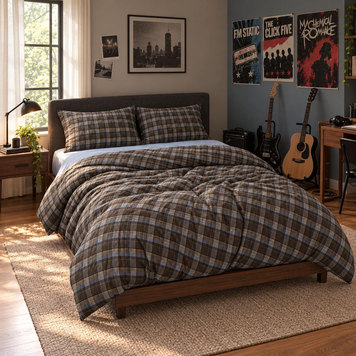 Bedding Set 100% Cotton Brown Plaid Breathable Washable