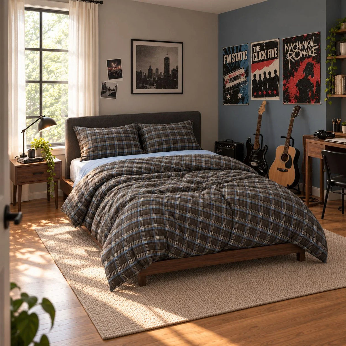 Bedding Set 100% Cotton Brown Plaid Breathable Washable
