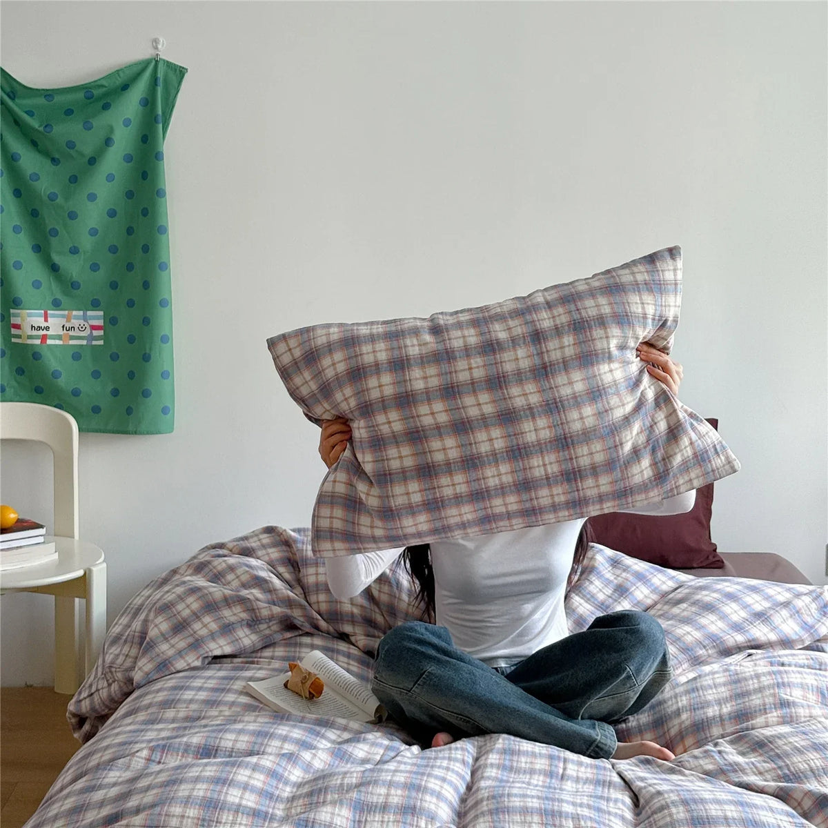 Bedding Set Breathable Cotton Muslin Pastel Check Pattern
