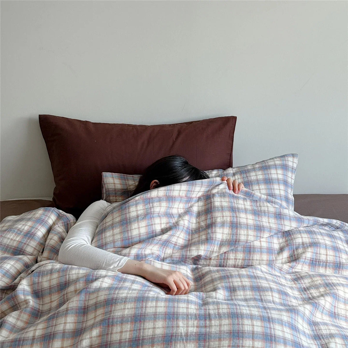 Bedding Set Breathable Cotton Muslin Pastel Check Pattern