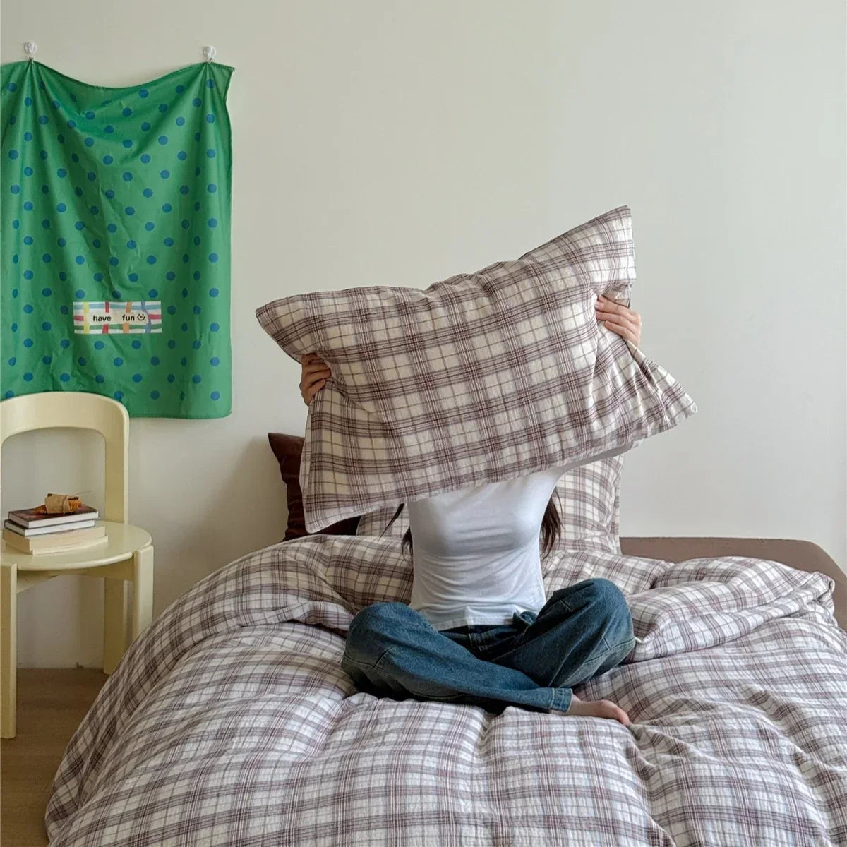 Bedding Set Breathable Cotton Muslin Pastel Check Pattern