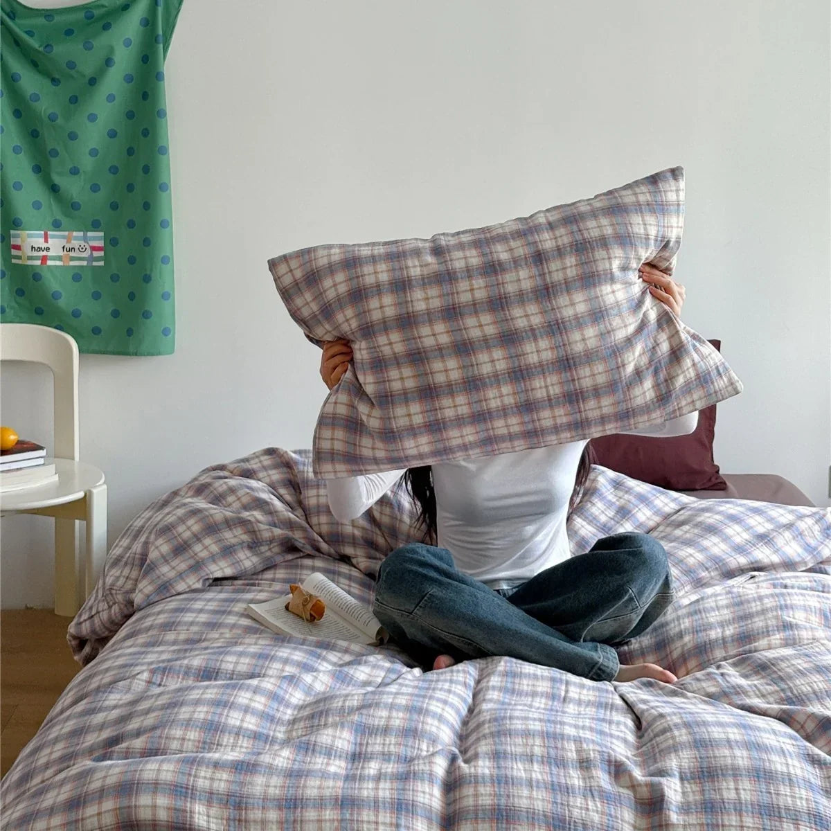 Bedding Set Breathable Cotton Muslin Pastel Check Pattern
