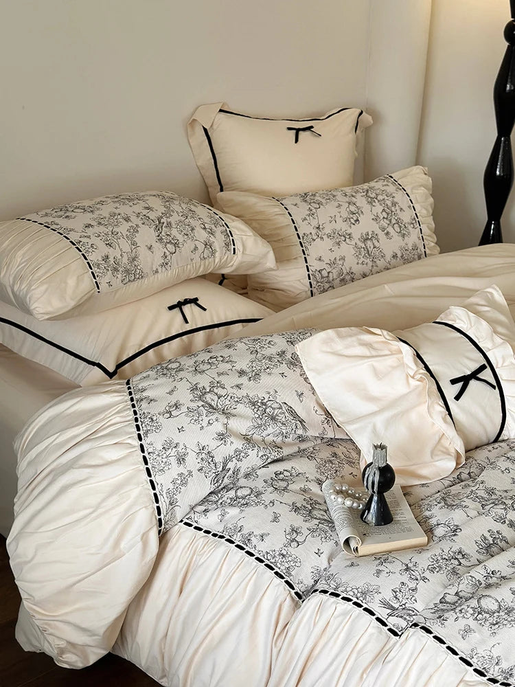Bedding Set Cotton Percale Toile Print Ruffle Trim
