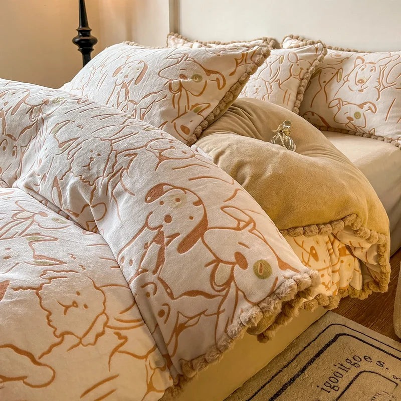 Bedding Set Milk Fiber Fleece Warm Embossed