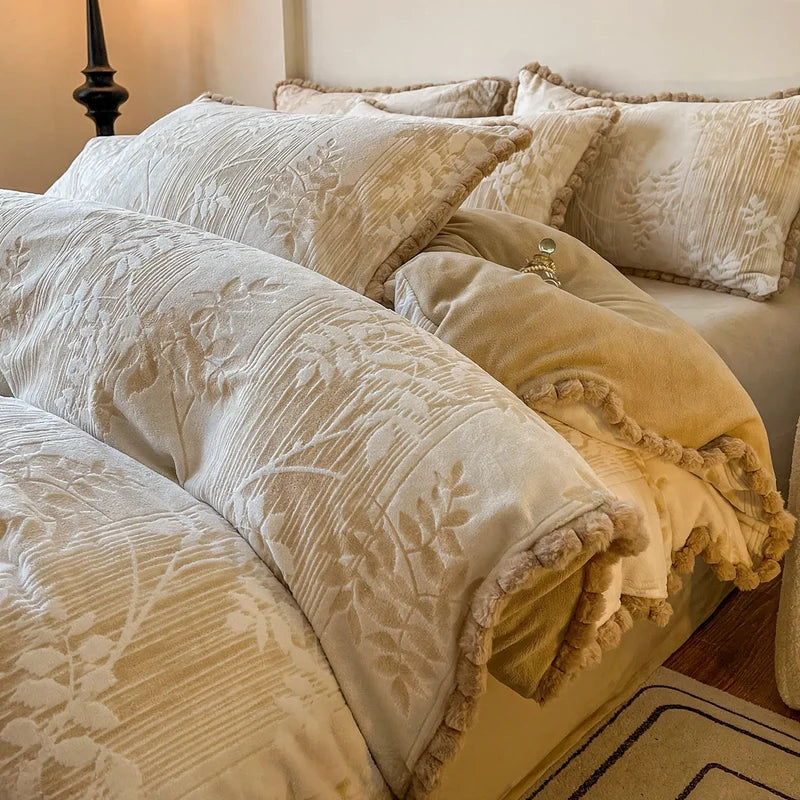Bedding Set Milk Fiber Fleece Warm Embossed