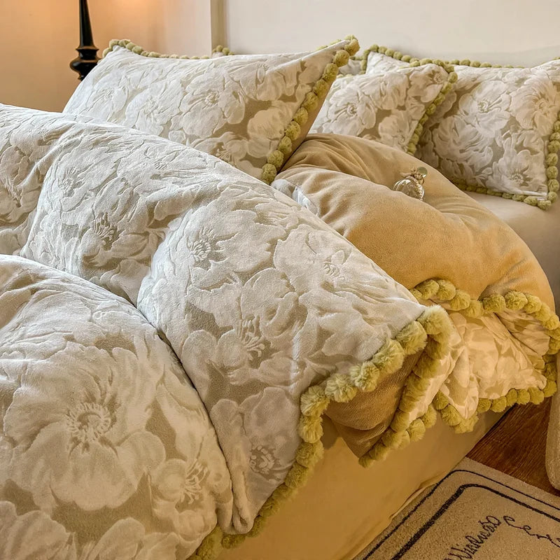 Bedding Set Milk Fiber Fleece Warm Embossed