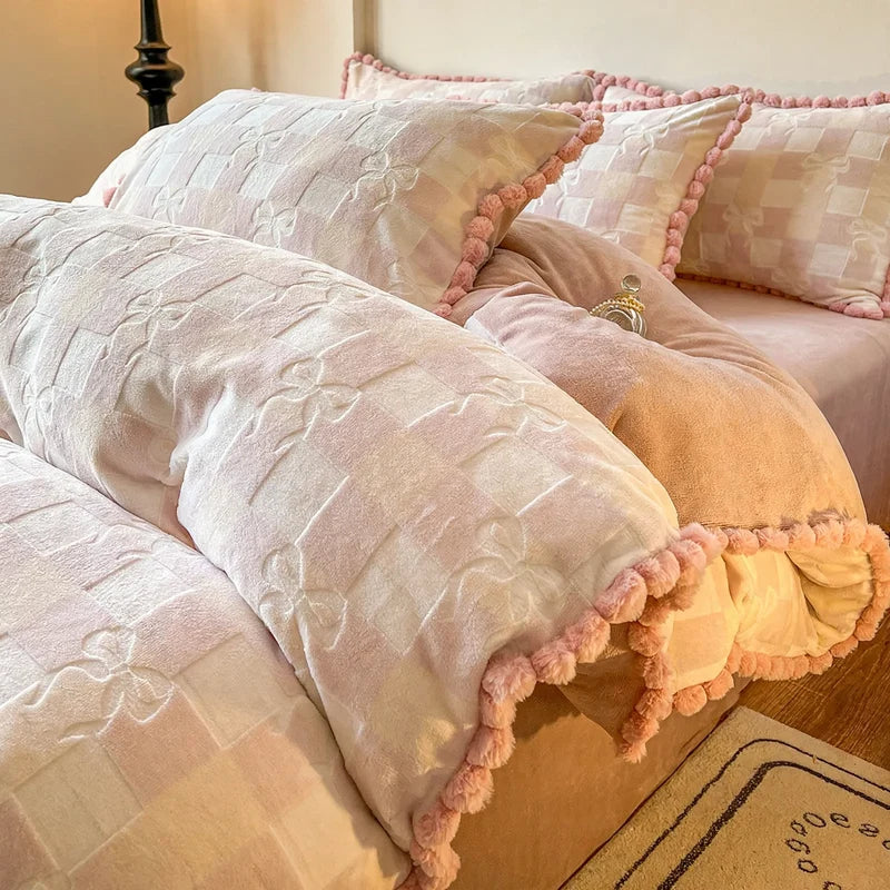Bedding Set Milk Fiber Fleece Warm Embossed