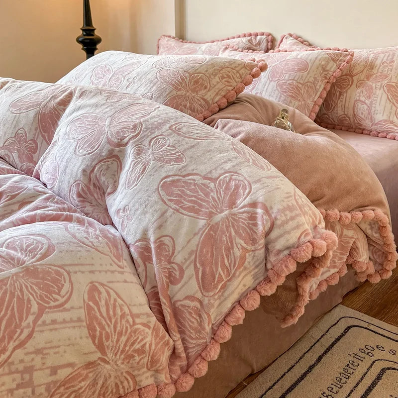 Bedding Set Milk Fiber Fleece Warm Embossed