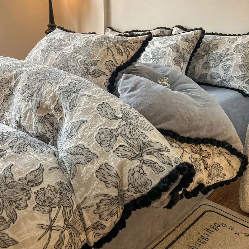 Bedding Set Milk Fiber Fleece Warm Embossed