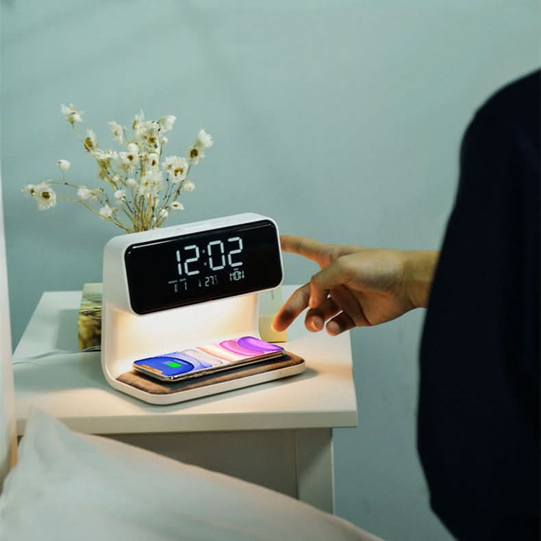 Bedside Lamp Dimmable LED Wireless Charger LCD Alarm Clock