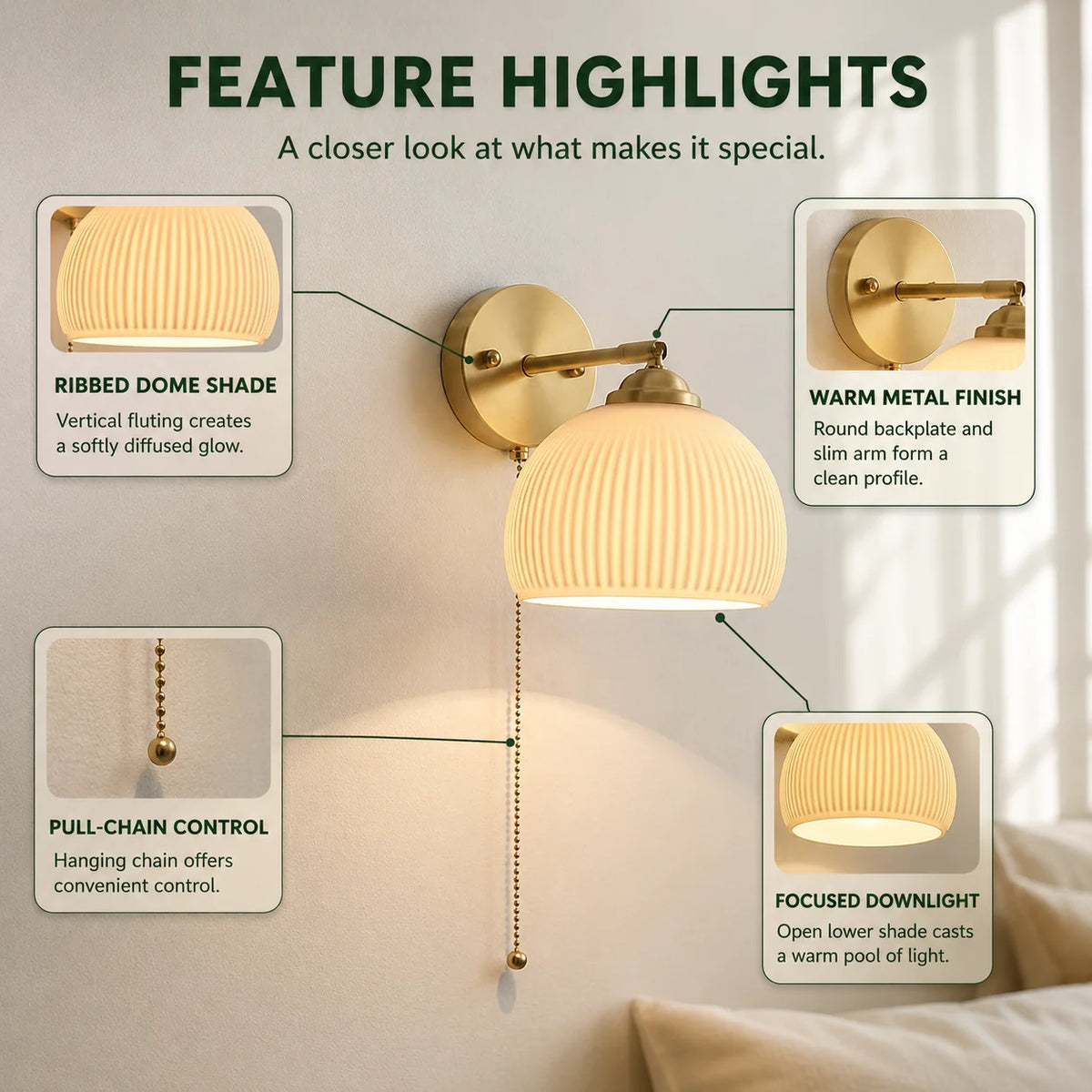 Bedside Sconce Pull Chain Brass Ribbed Glass