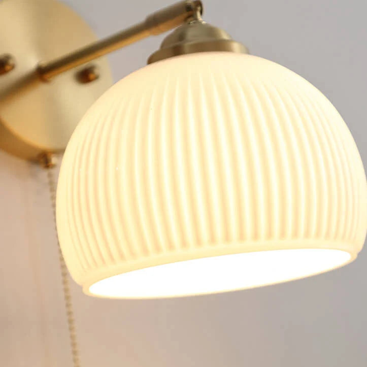 Bedside Sconce Pull Chain Brass Ribbed Glass