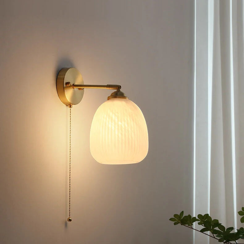 Bedside Sconce Pull Chain Brass Ribbed Glass