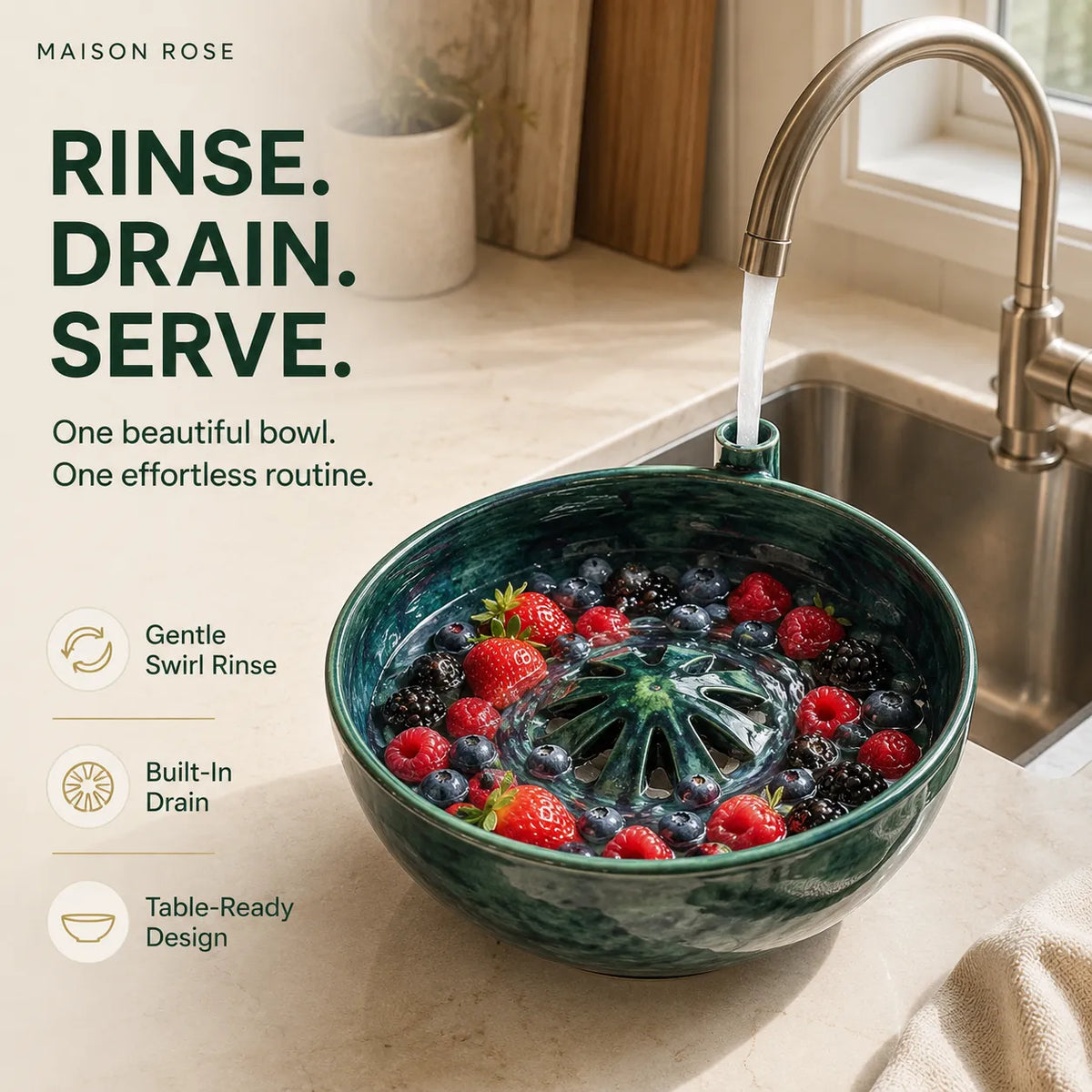 Berry Rinsing Bowl Glazed Ceramic Built-In Drainage Openings