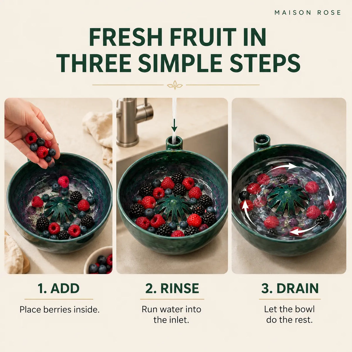Berry Rinsing Bowl Glazed Ceramic Built-In Drainage Openings