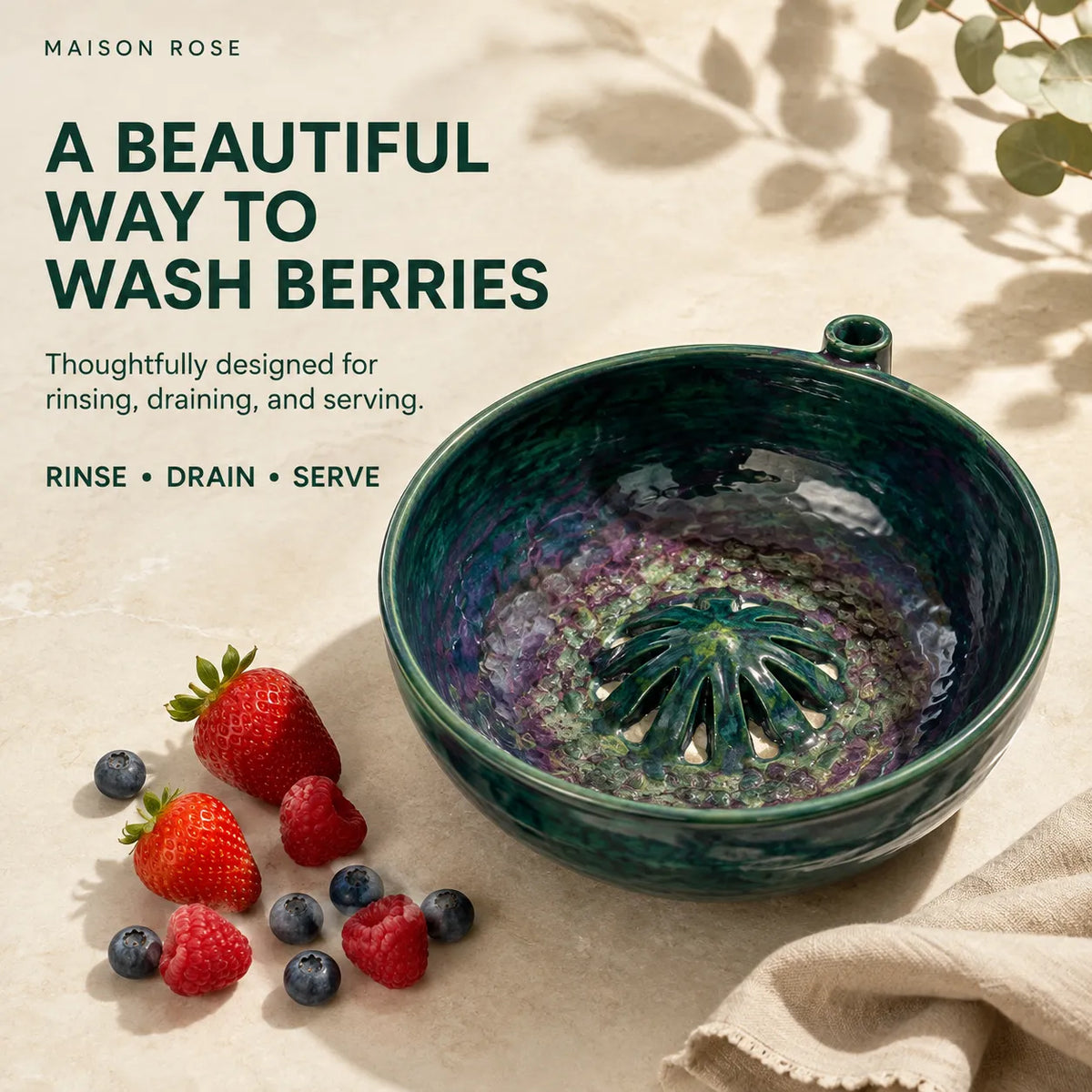 Berry Rinsing Bowl Glazed Ceramic Built-In Drainage Openings