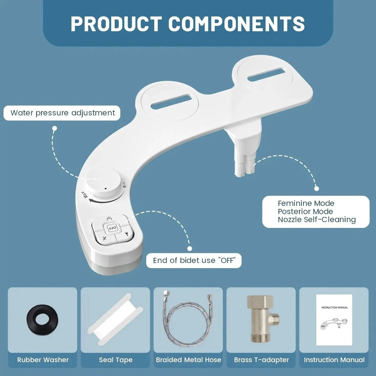 Bidet Attachment Dual Retractable Nozzles Adjustable Pressure Self-Cleaning