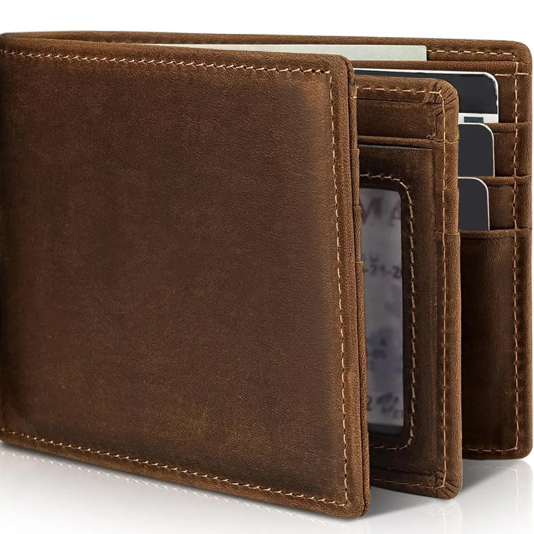 Bifold Wallet Natural Leather RFID-Blocking 13 Card Slots