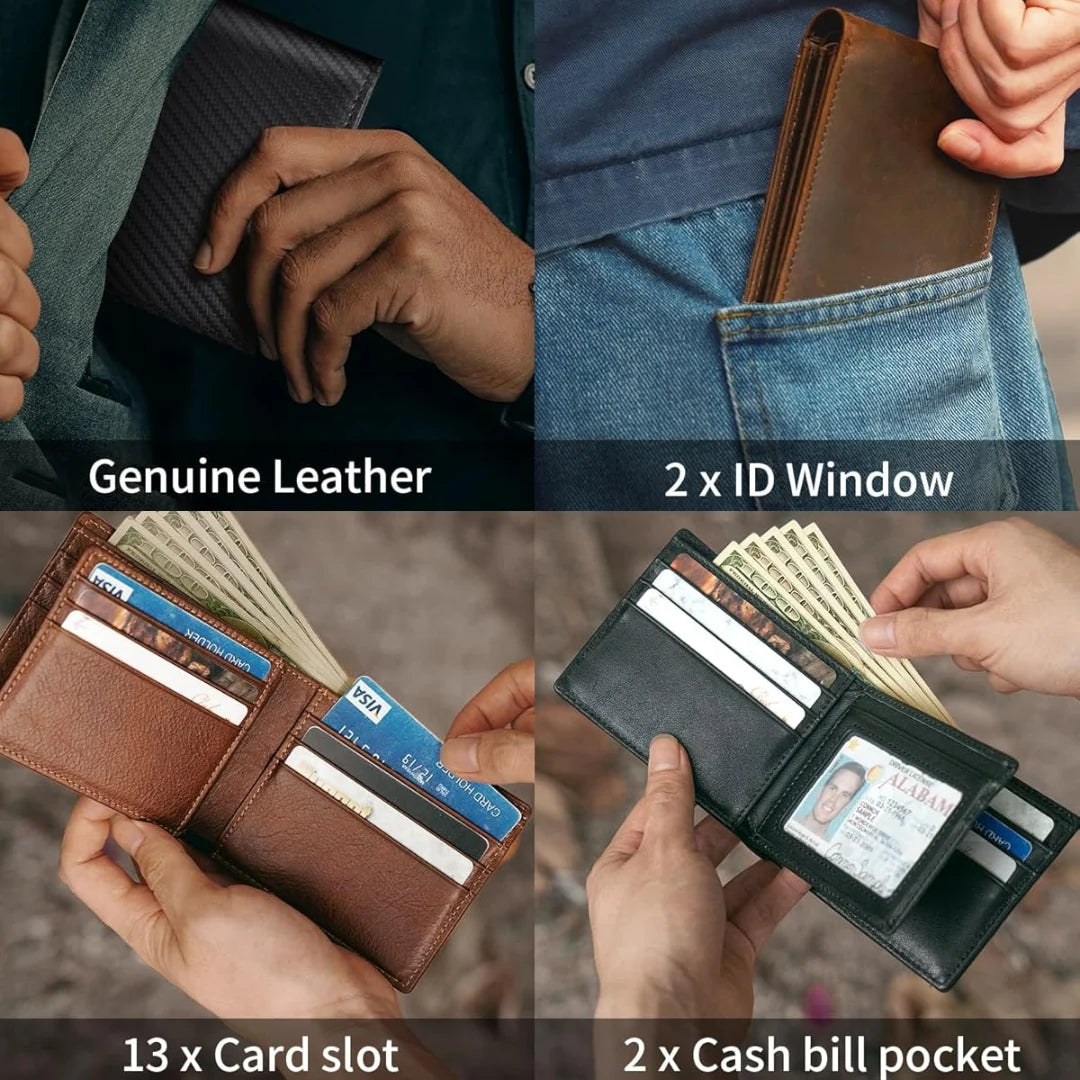 Bifold Wallet Natural Leather RFID-Blocking 13 Card Slots