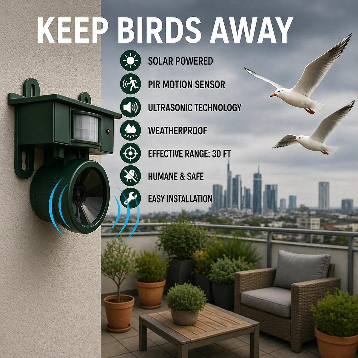 Bird Deterrent Motion-Activated Solar-Powered Weather-Resistant