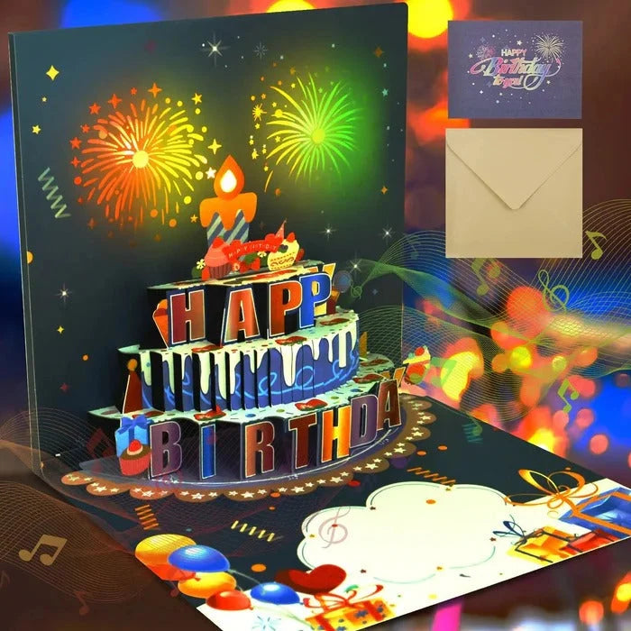 Birthday Greeting Card 3D Pop-Up Cake LED Lights & Music
