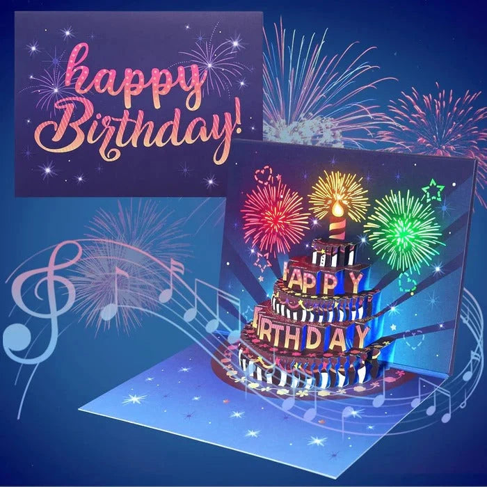 Birthday Greeting Card 3D Pop-Up Cake LED Lights & Music