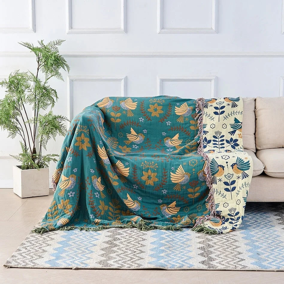 Blanket Reversible Cotton Bird & Floral Pattern