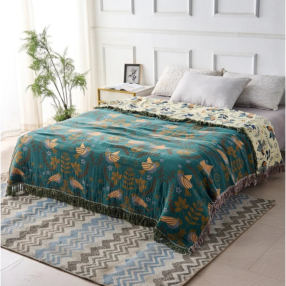 Blanket Reversible Cotton Bird & Floral Pattern