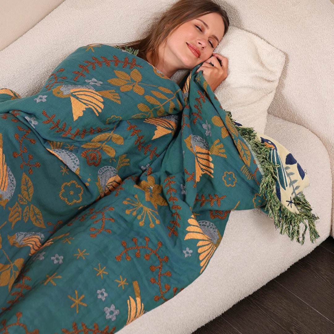 Blanket Reversible Cotton Bird & Floral Pattern