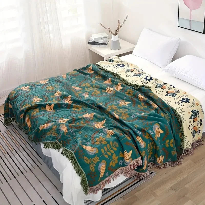 Blanket Reversible Cotton Bird & Floral Pattern