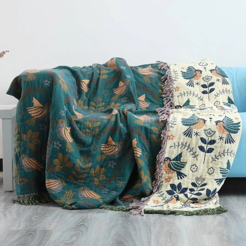 Blanket Reversible Cotton Bird & Floral Pattern