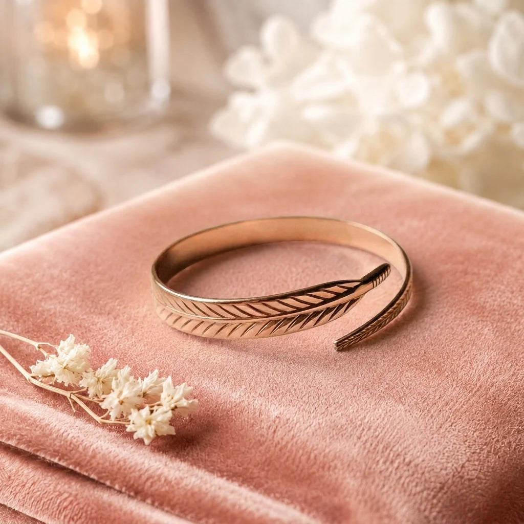 Bracelet Copper Hand-Engraved Feather Design