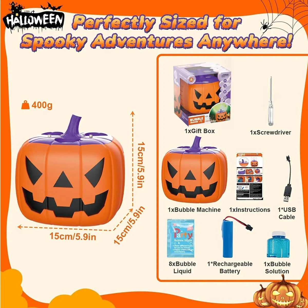 Bubble Machine Halloween Pumpkin LED Lights Rechargeable