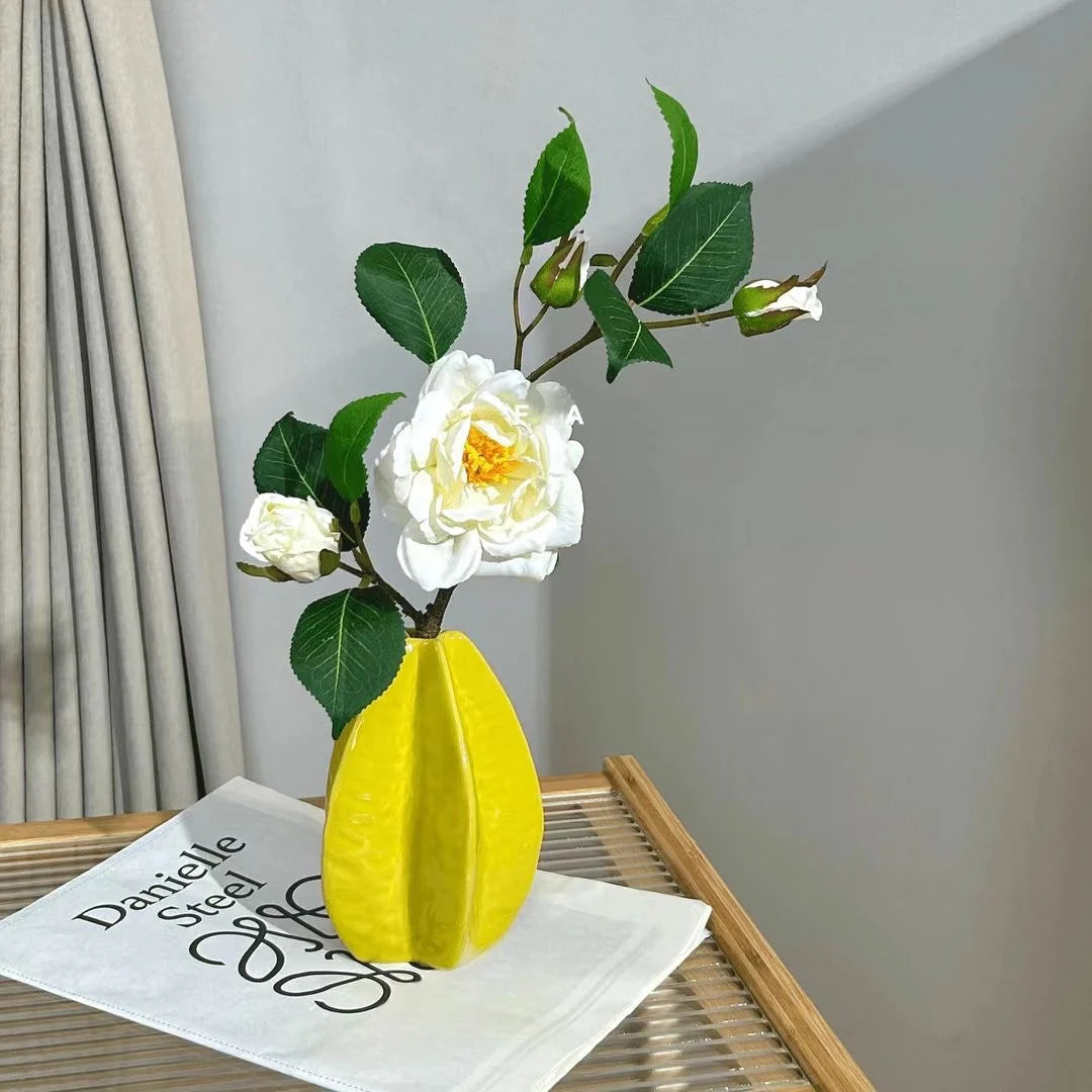 Bud Vase Glossy Ceramic Ribbed Narrow Opening
