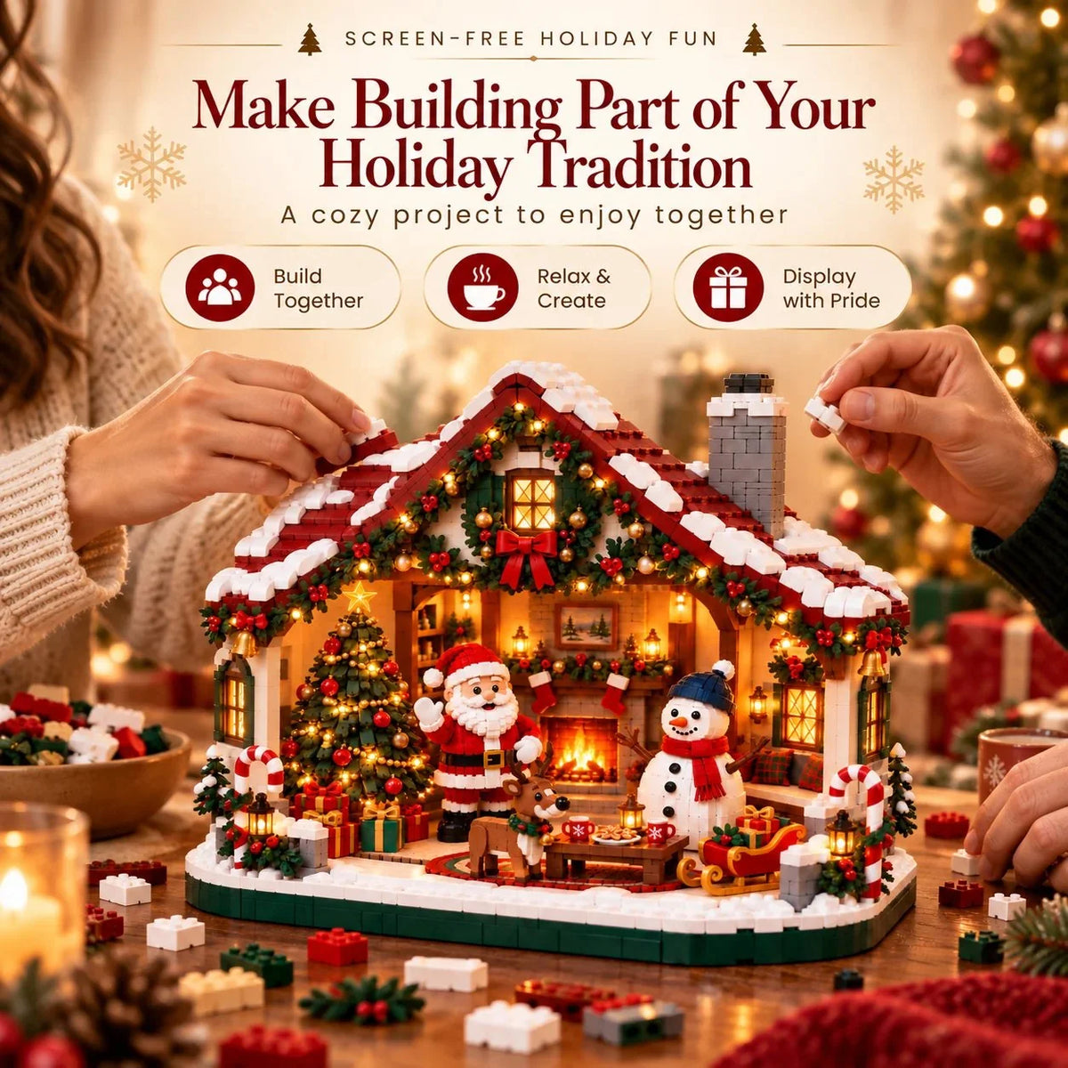 Building Block Kit Open-Front Christmas House With Figures