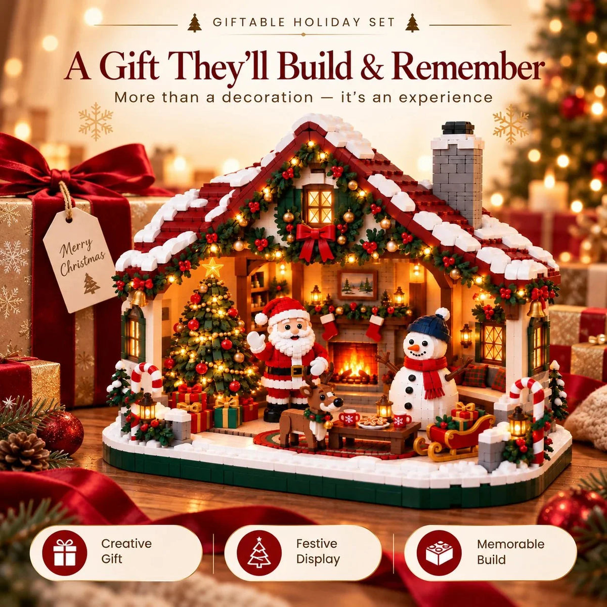 Building Block Kit Open-Front Christmas House With Figures