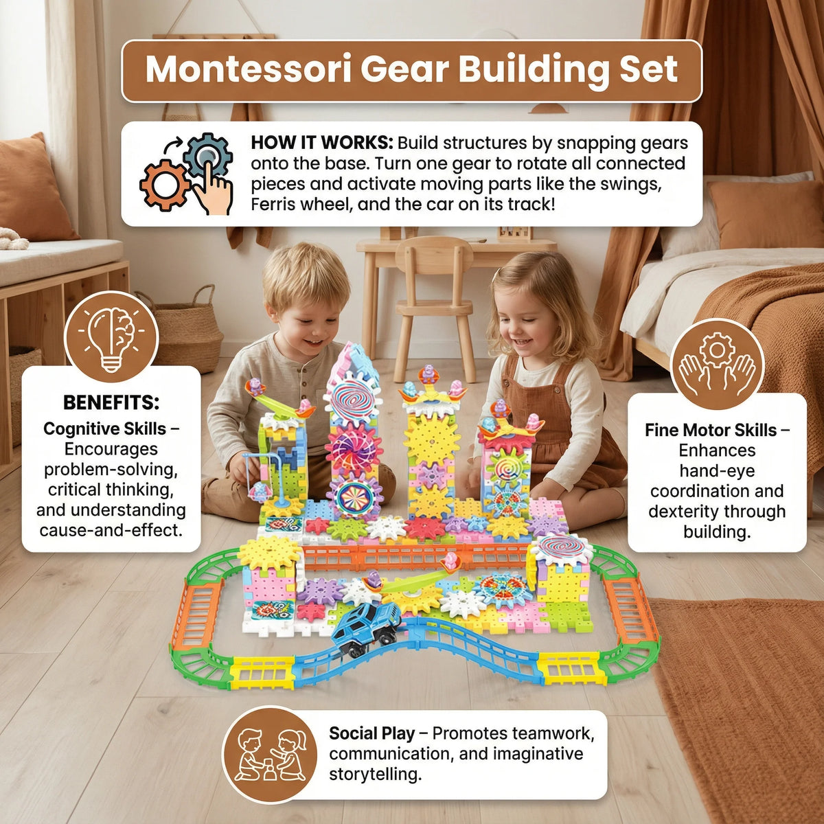 Building Block Set Interlocking Rotating Gears Up to 203 Pieces