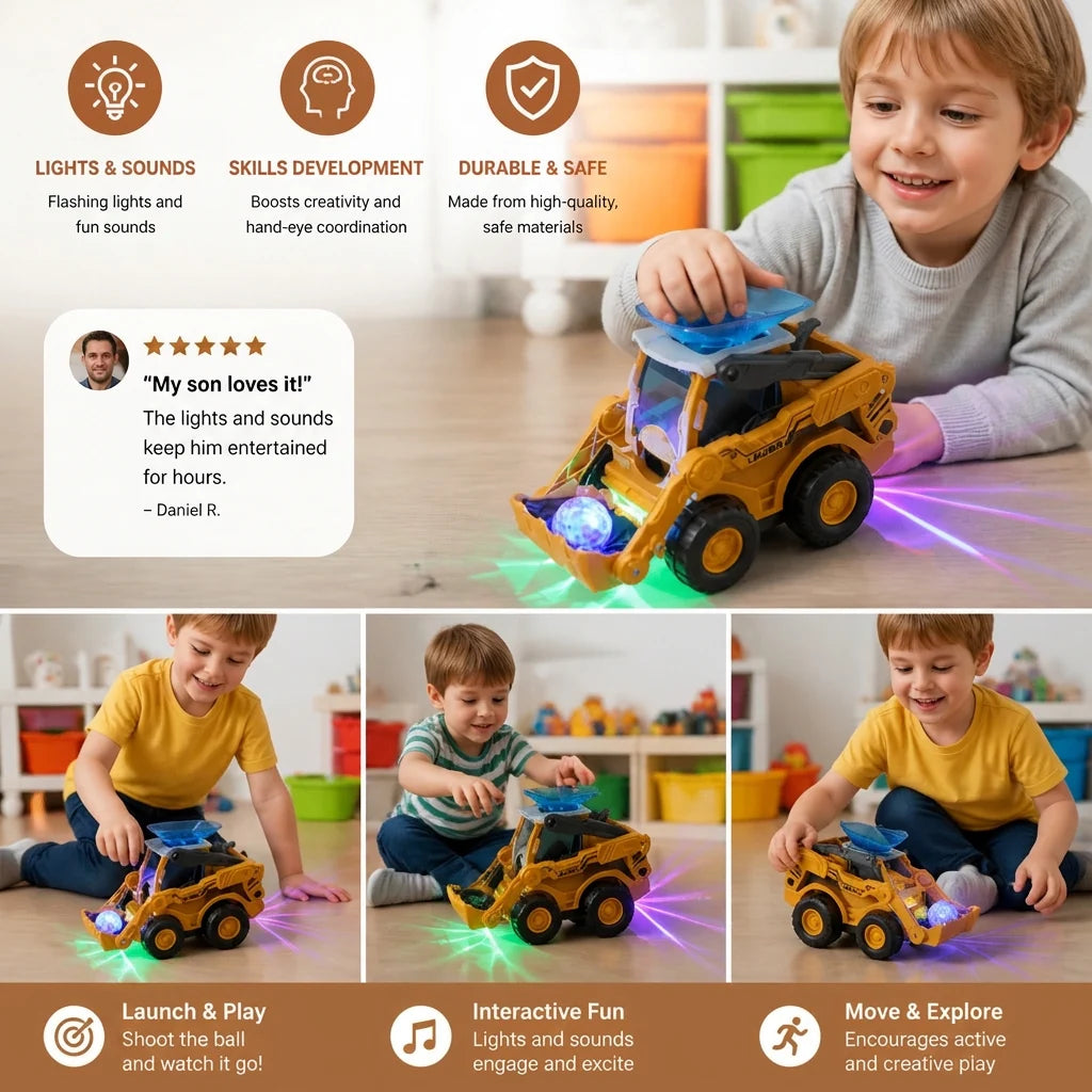 Bulldozer Toy Ball Launcher Light-Up Lights