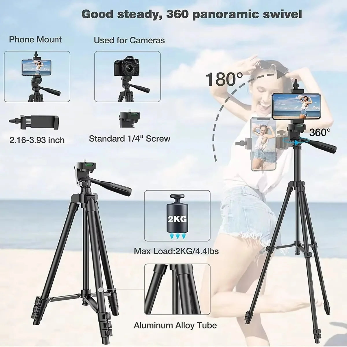 Camera Tripod Adjustable Height With Phone Holder & Wireless Remote