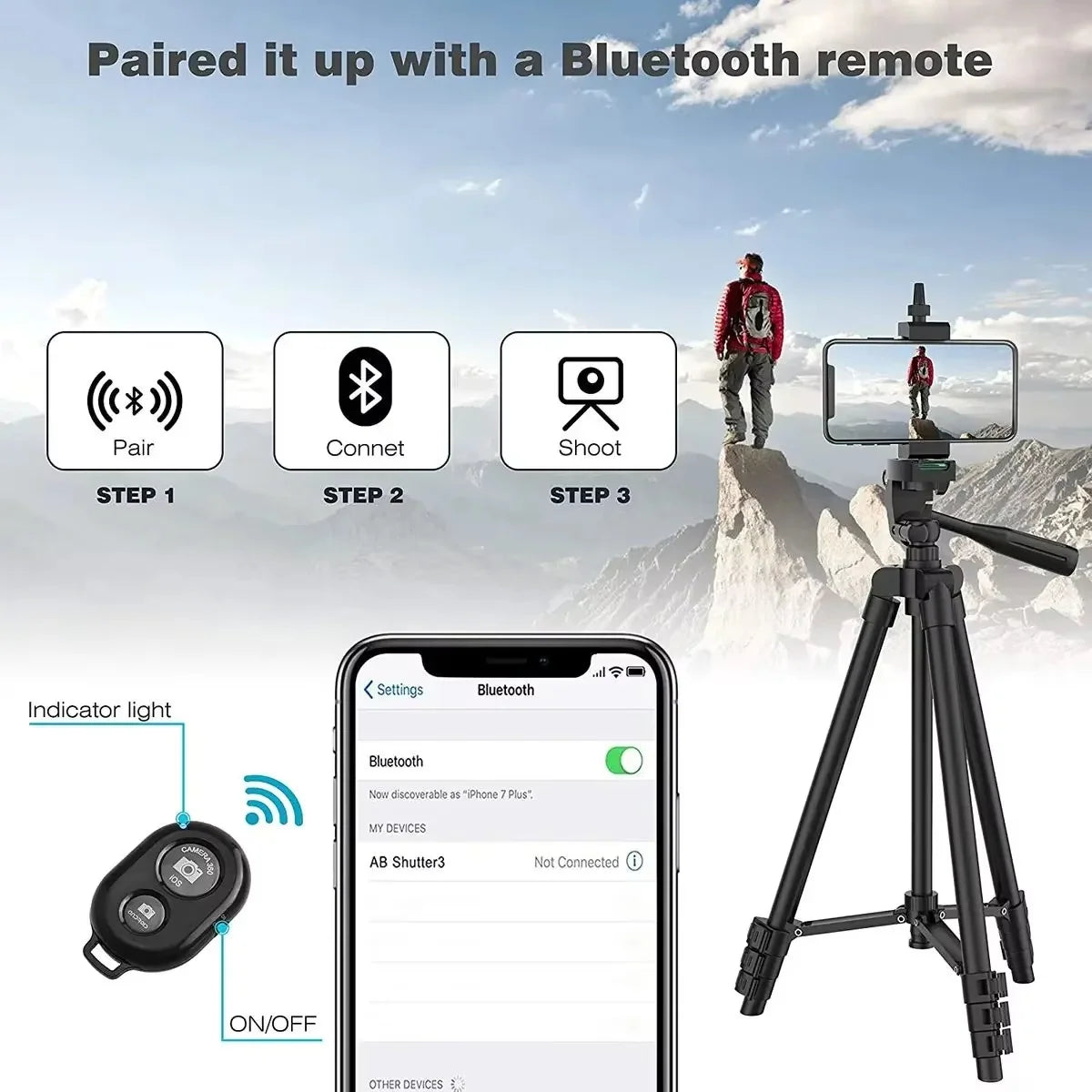 Camera Tripod Adjustable Height With Phone Holder & Wireless Remote