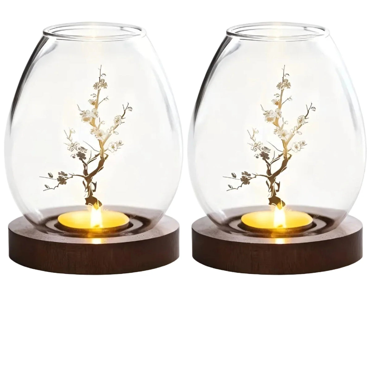 Candle Holders Glass Plum Blossom Design Set of 2