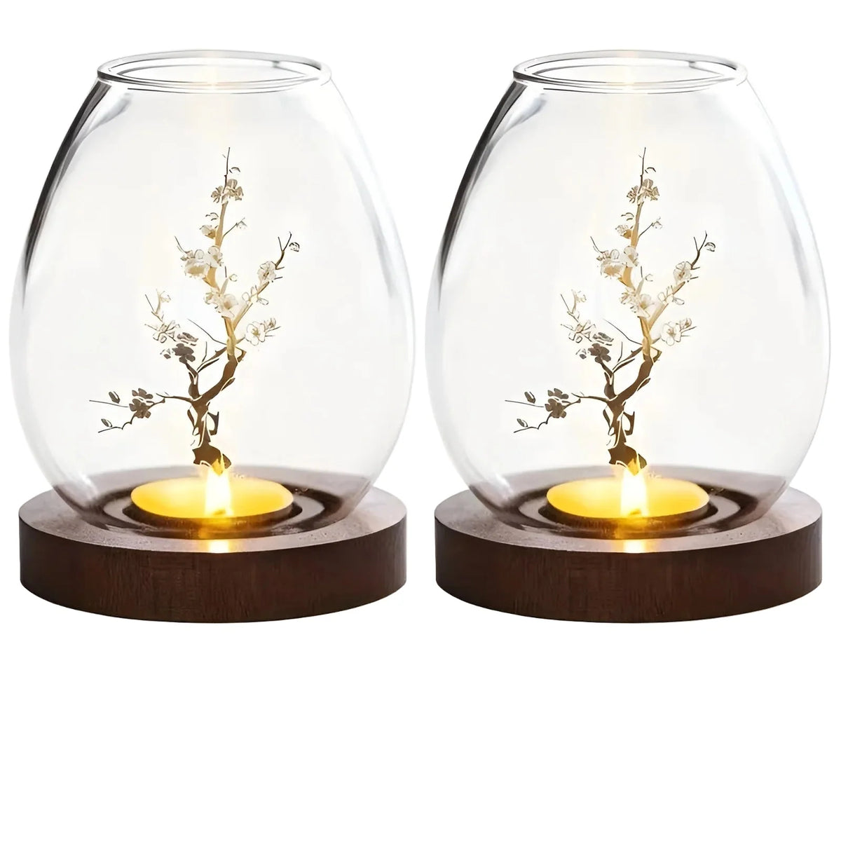 Candle Holders Glass Plum Blossom Design Set of 2