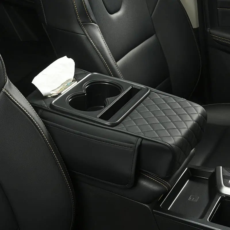 Car Armrest Cover Faux Leather Padded Dual Cup Holders