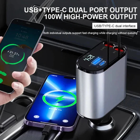 Car Charger Retractable Cables Four Charging Ports
