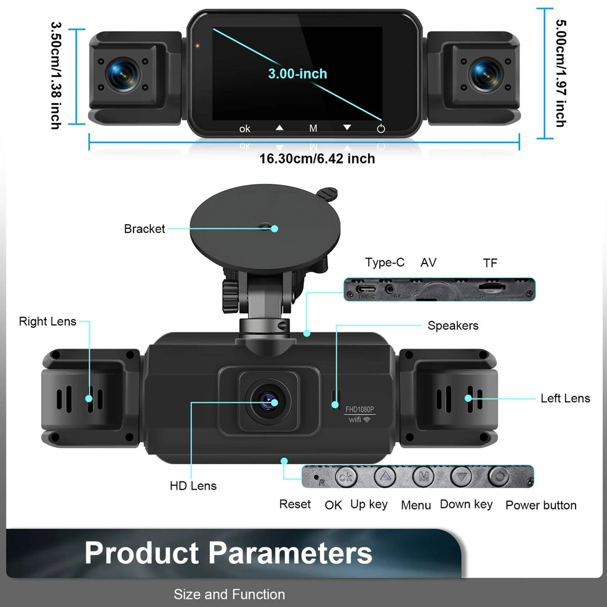 Car Dash Cam Four-Camera Night Vision Wi-Fi App Control